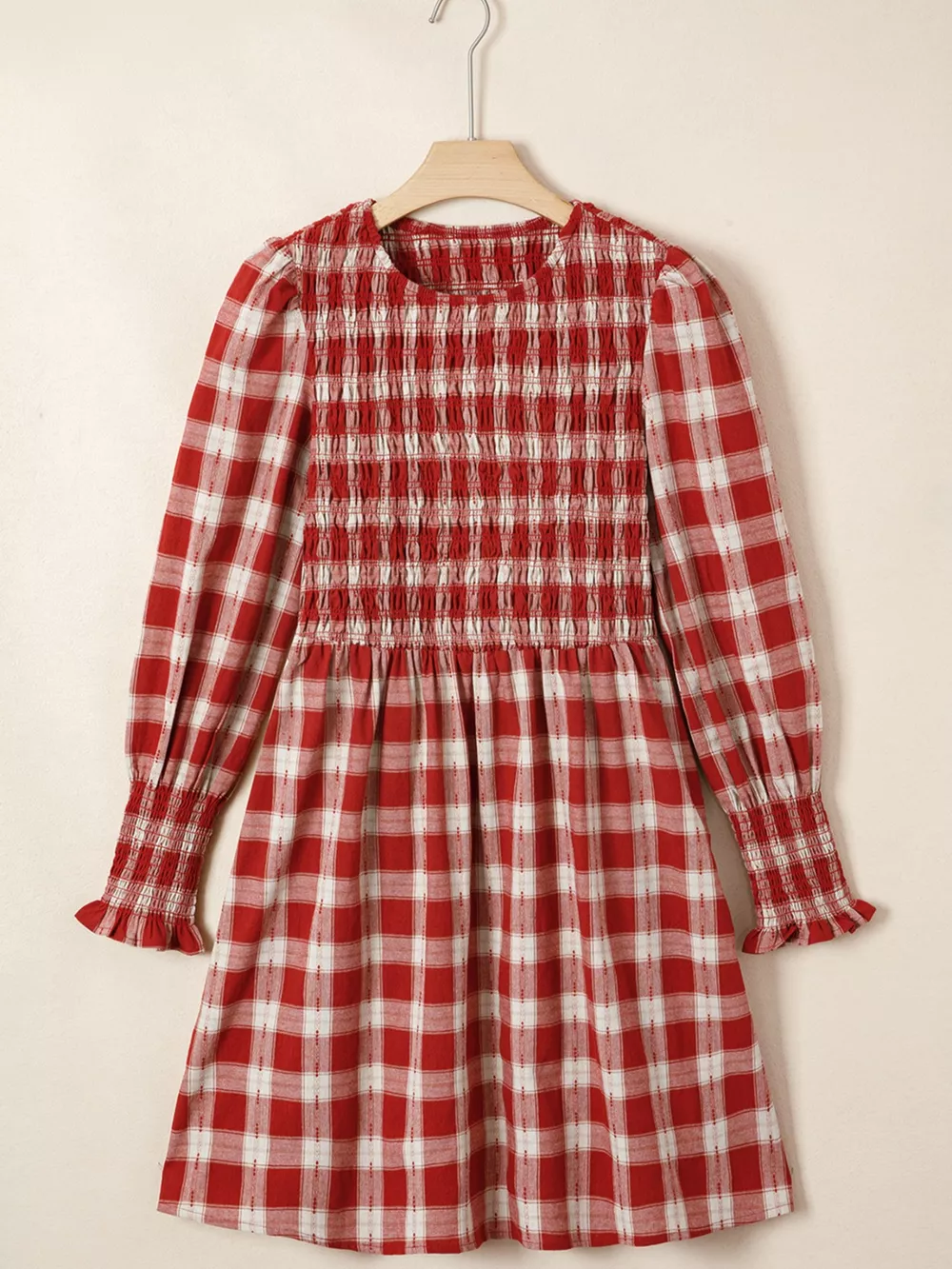 Plaid Print Smocked Puff Sleeve Mini Dress, image 2
