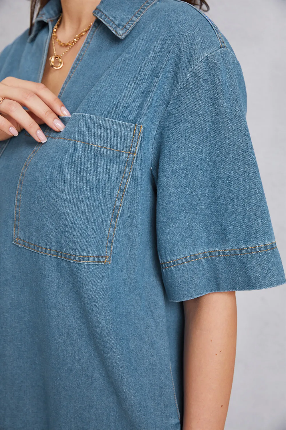 Pocketed Collared Neck Mini Denim Dress, image 9