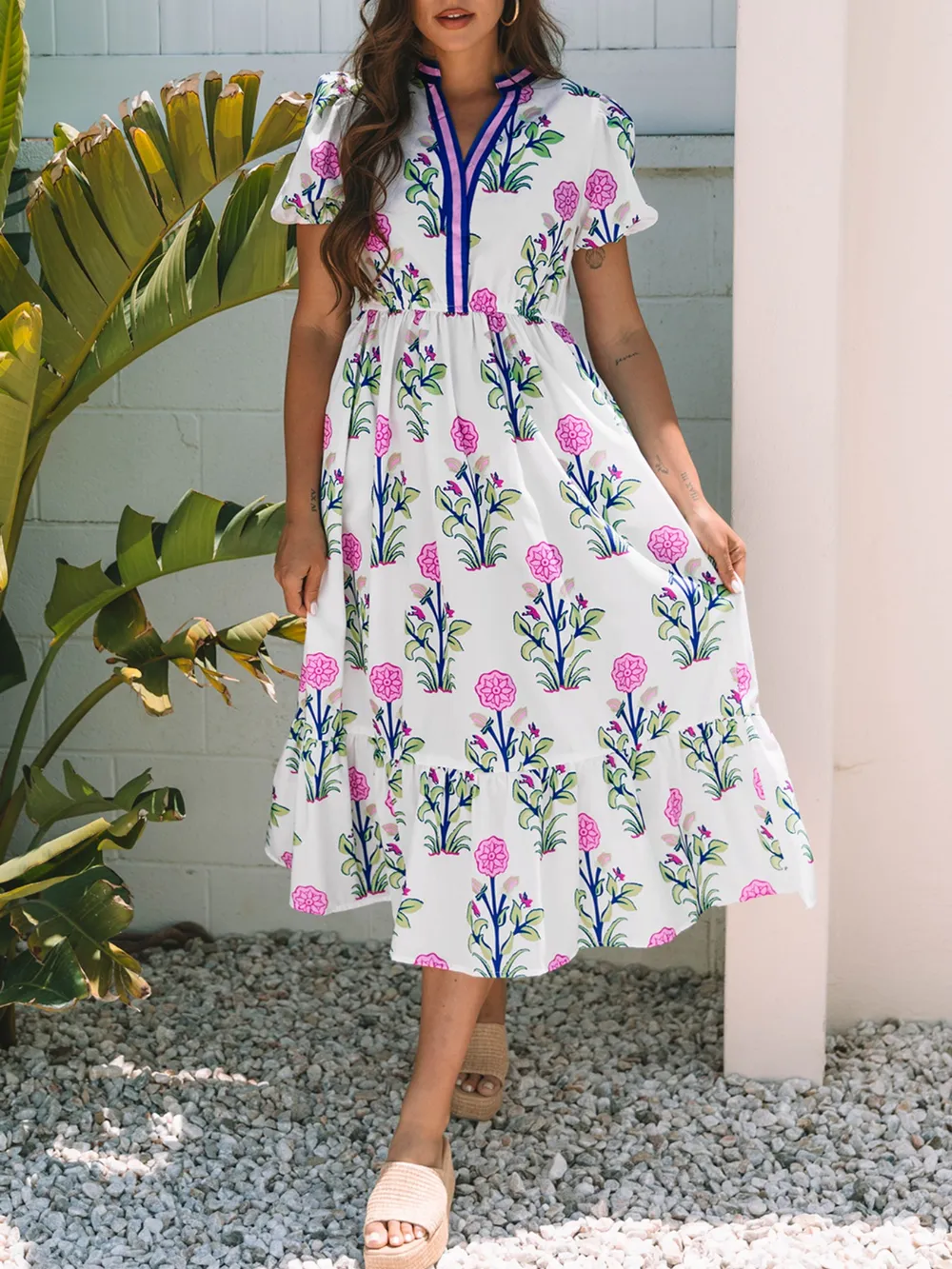 Printed Short Sleeve Midi Dress with Pockets, image 2