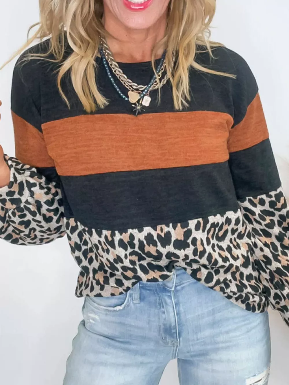 Leopard Print Patchwork Long Sleeve Blouse, image 2