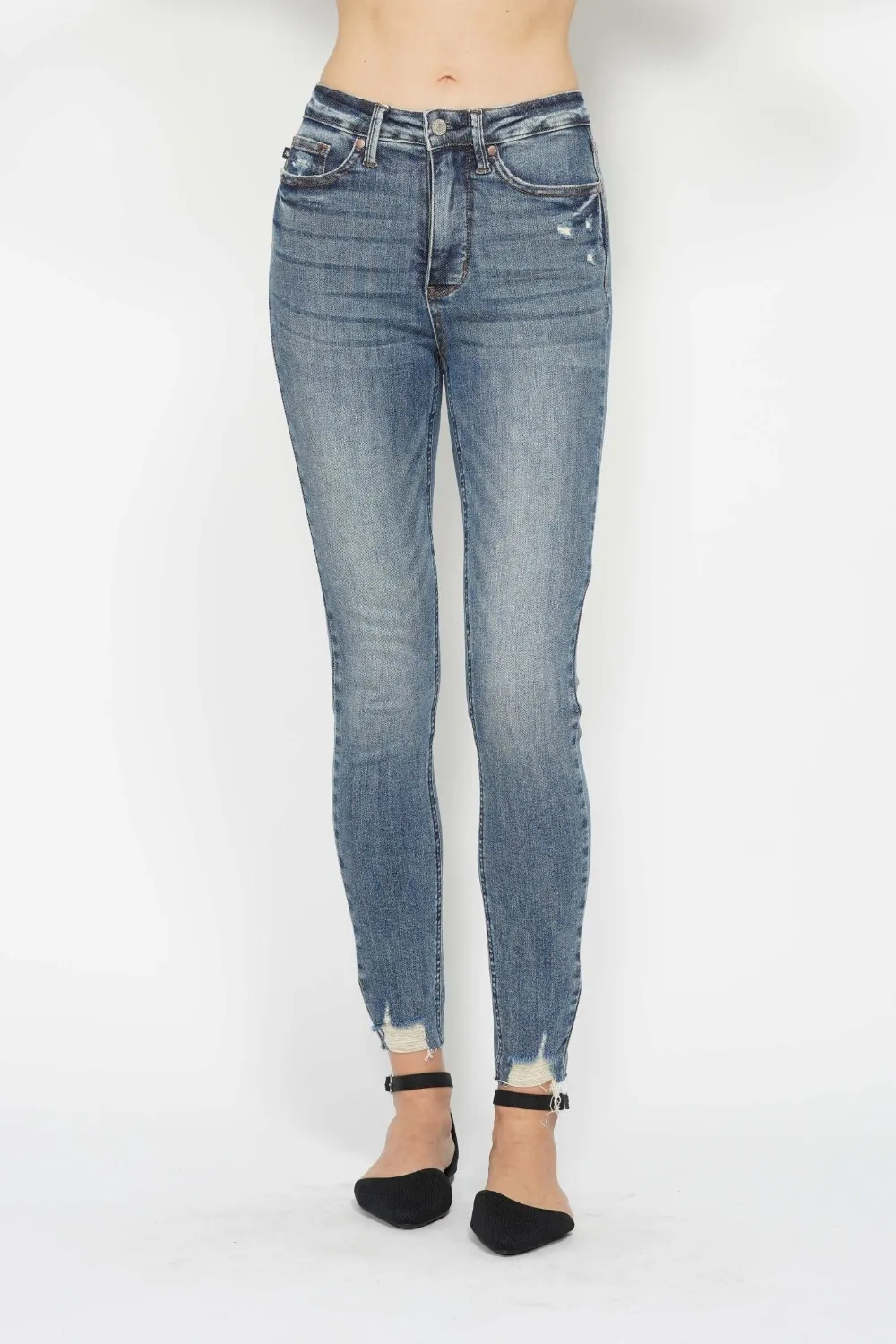 Full Size Tummy Control Vintage Wash Hem Destroy Skinny Jeans, image 2
