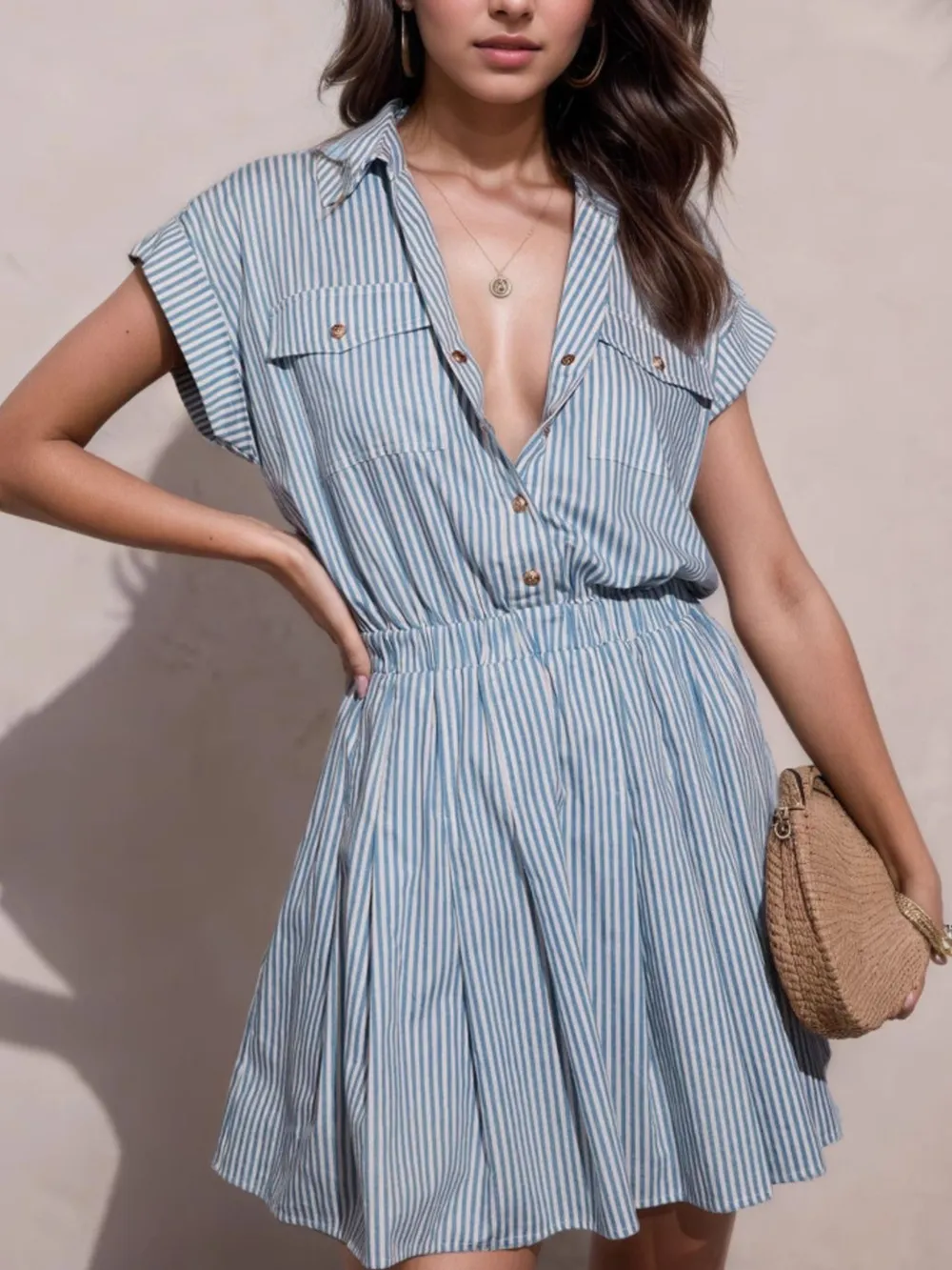 Hlaf Button Striped Cap Sleeve Mini Shirt Dress, image 2