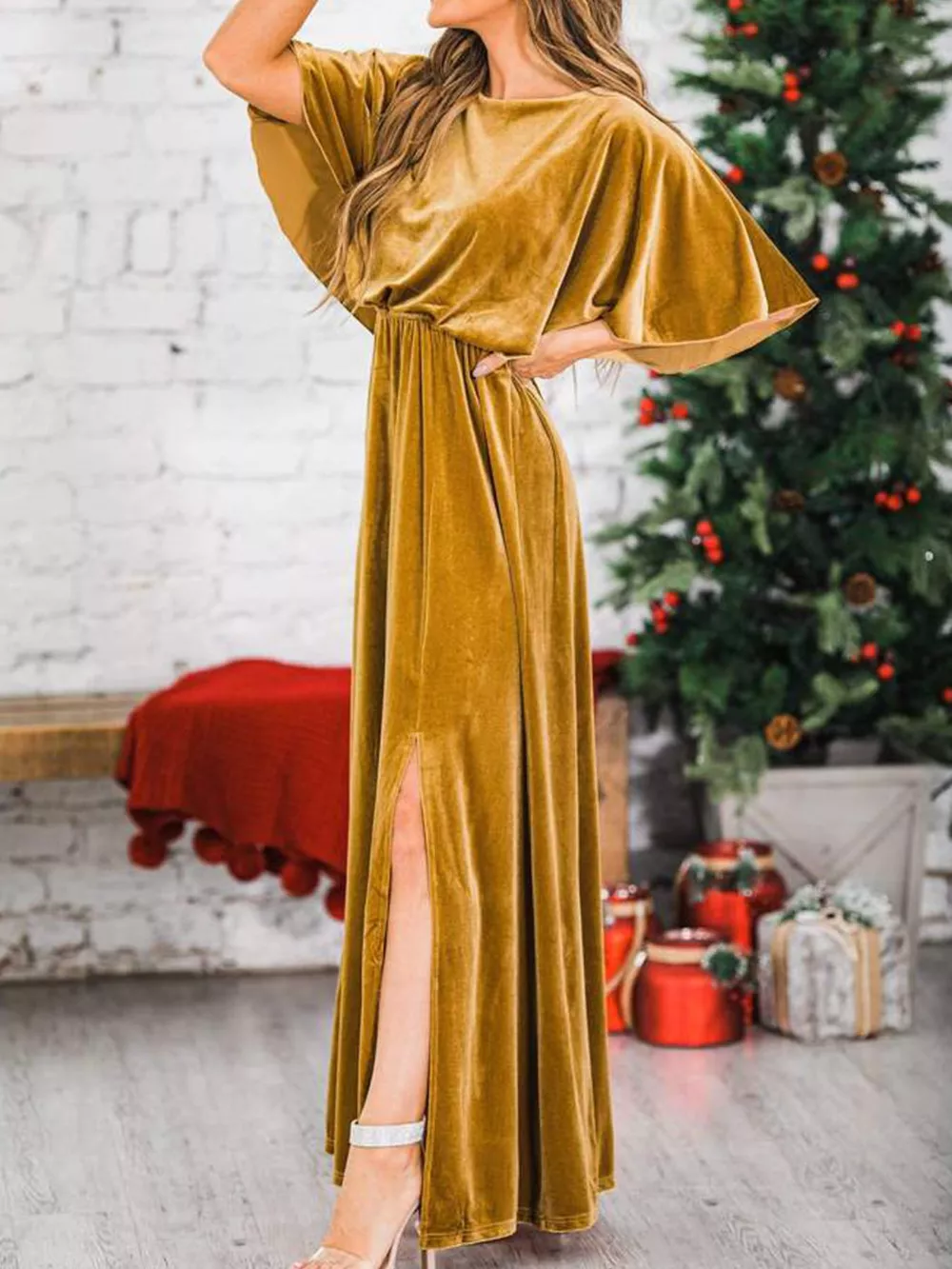 Slit Round Neck Flutter Sleeve Velvet Maxi Dress, image 5