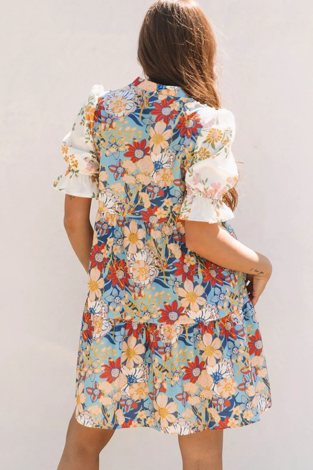 Printed Notched Flounce Sleeve Mini Dress, image 2