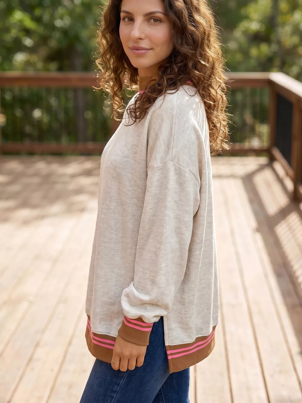 Ribbed Stand Neck Long Sleeve Loose Fit Sweatshirt