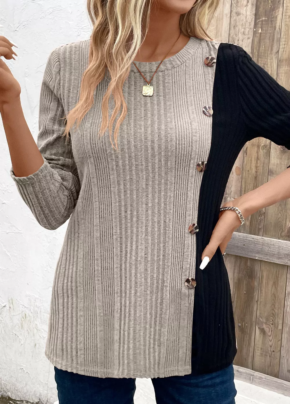 Color Block Ribbed Knit Decor Button T-Shirt, image 6
