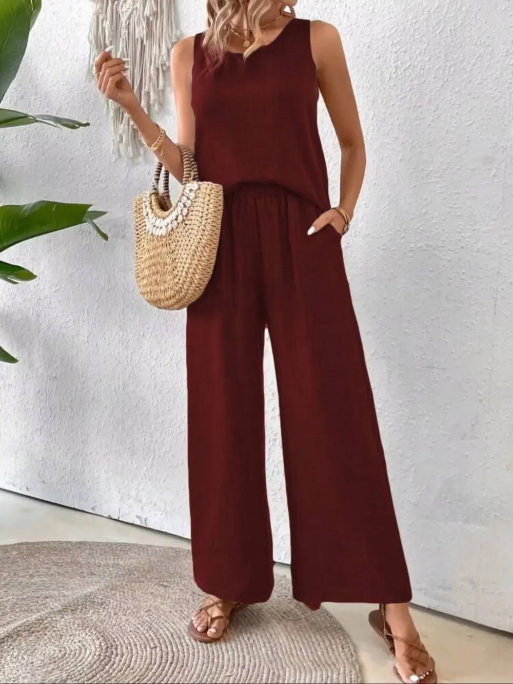 Round Neck Tank and Wide Leg Pants Set, image 2