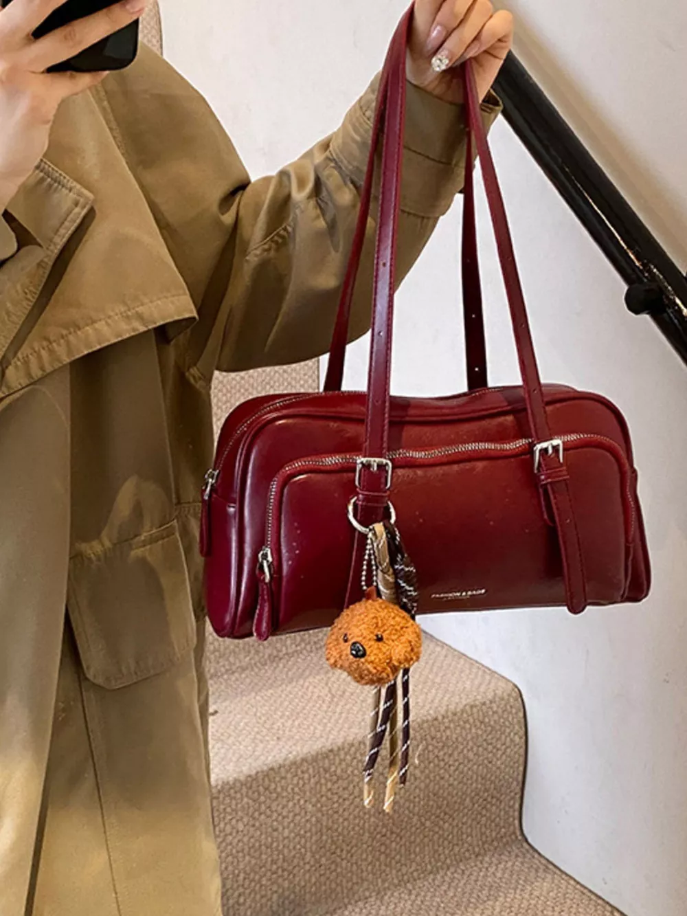 Vintage Style Leather Shoulder Bag with Charm, image 3