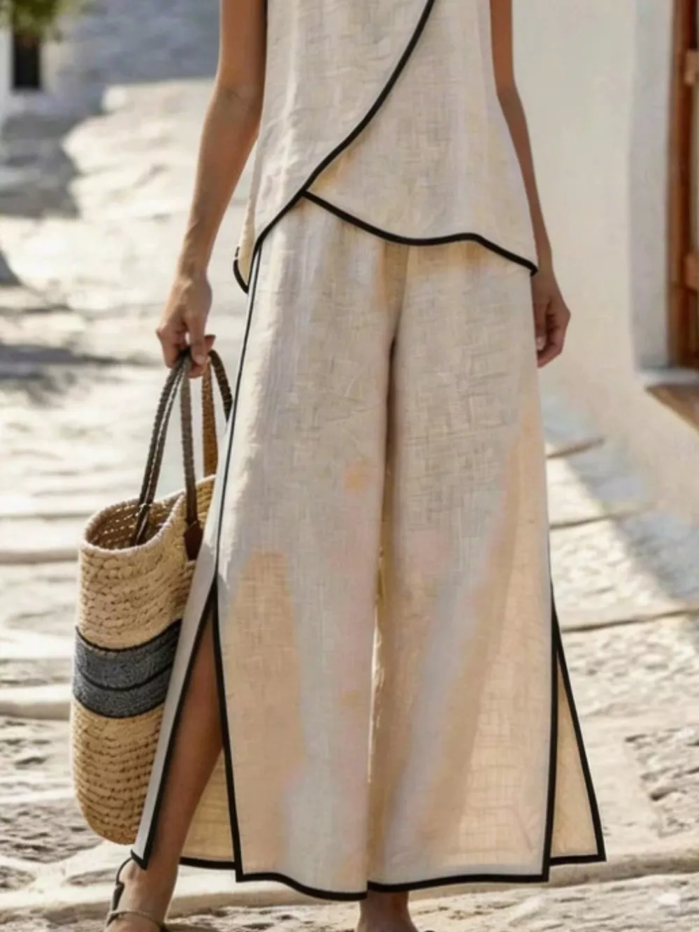 Contrast Trim Top and Slit Pants Set, image 2