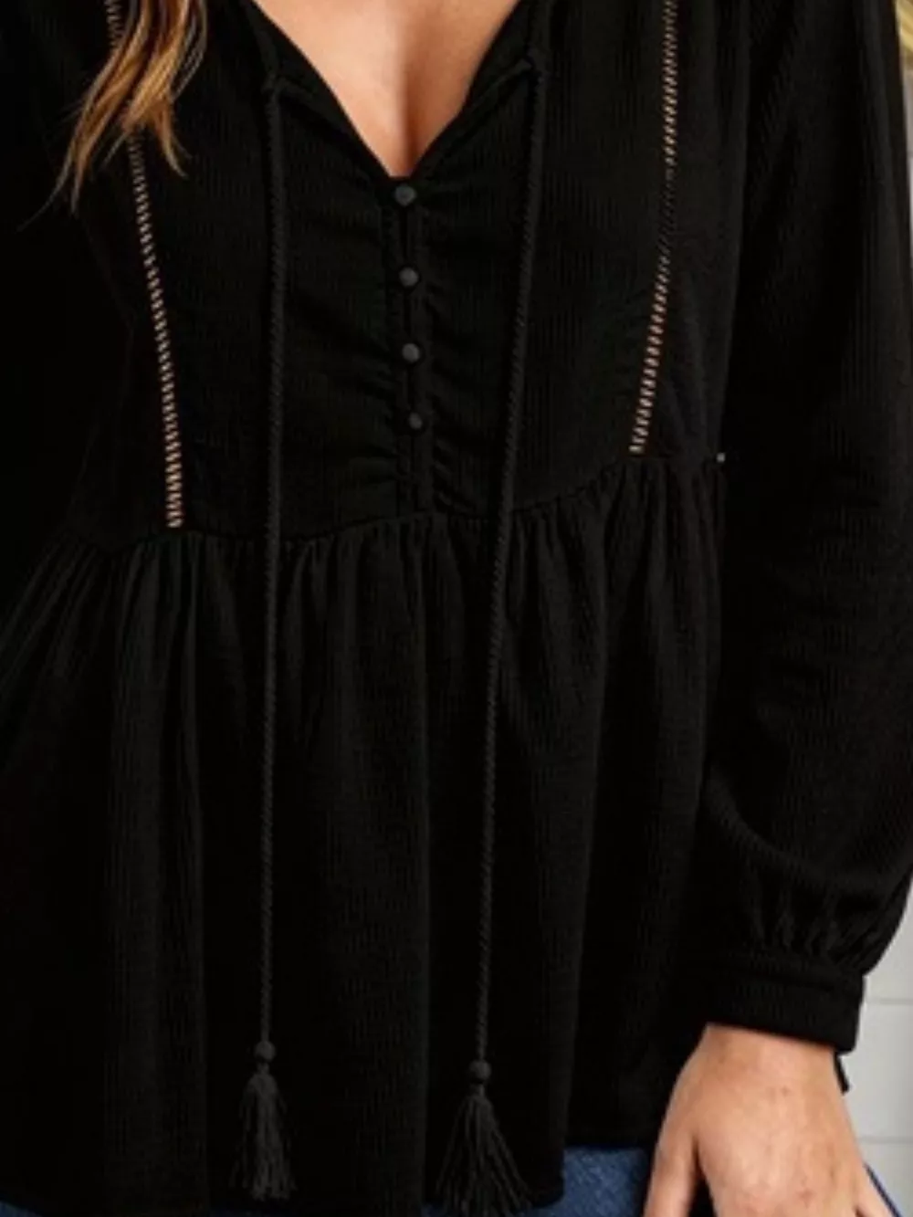 Tassel Drawstring Long Sleeve Peplum Top, image 6