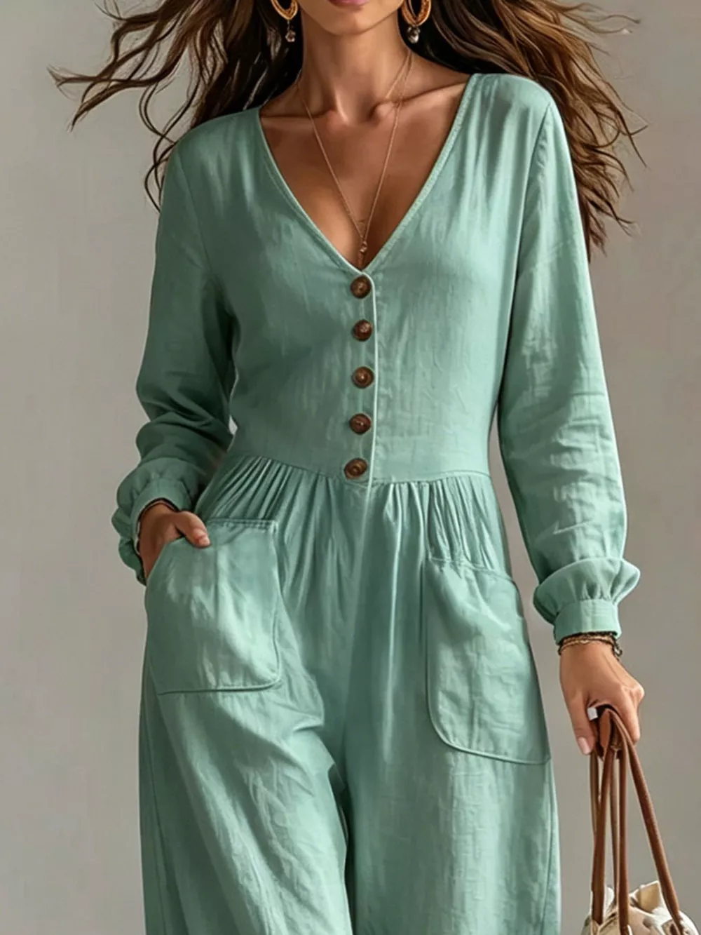 V-Neck Long Sleeve Button-Down Wide Leg Jumpsuit, image 9