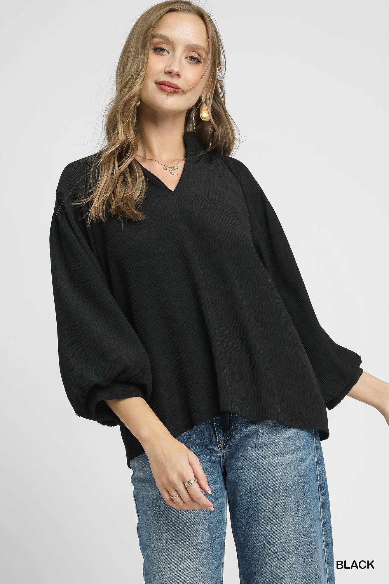 Textured V-Neck Blouse with Balloon Sleeves