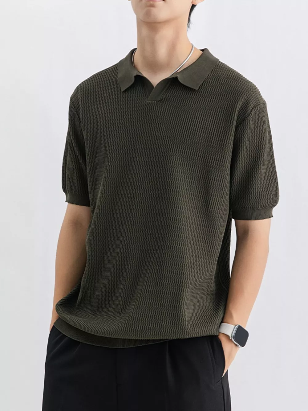 Men's Plus Size Textured Knit Short Sleeve Polo, image 3