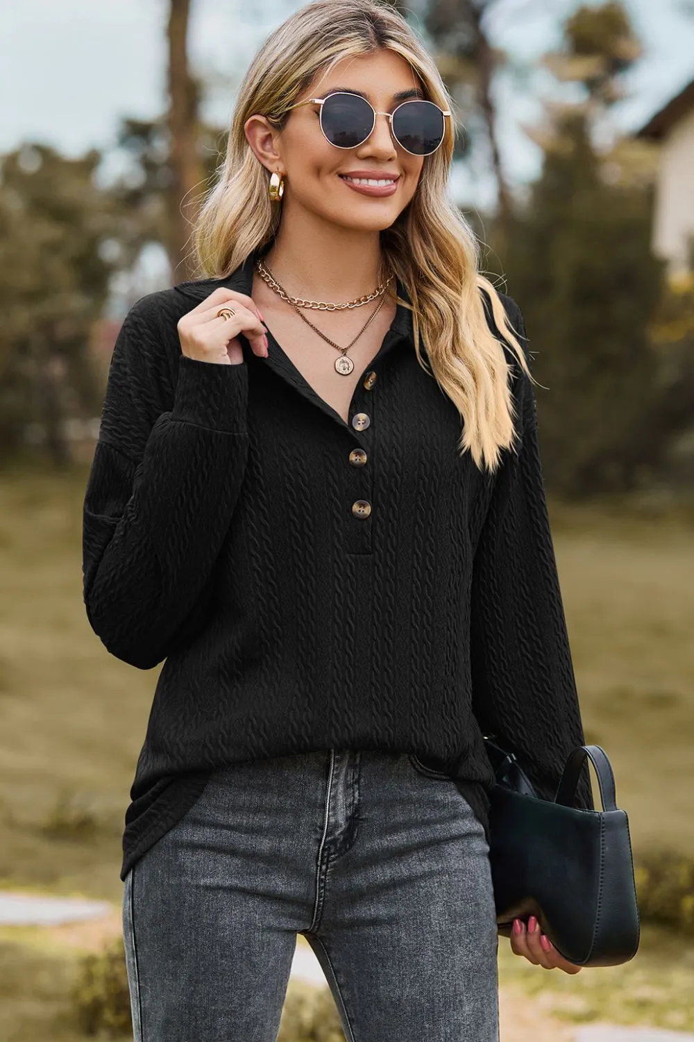 Half Button Dropped Shoulder Blouse, image 2