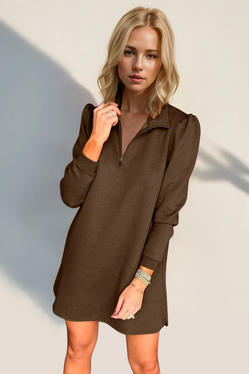 Textured Quarter Zip Long Sleeve Dress, image 2