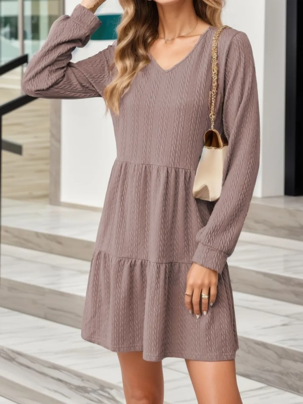 V-Neck Long Sleeve Mini Dress, image 6