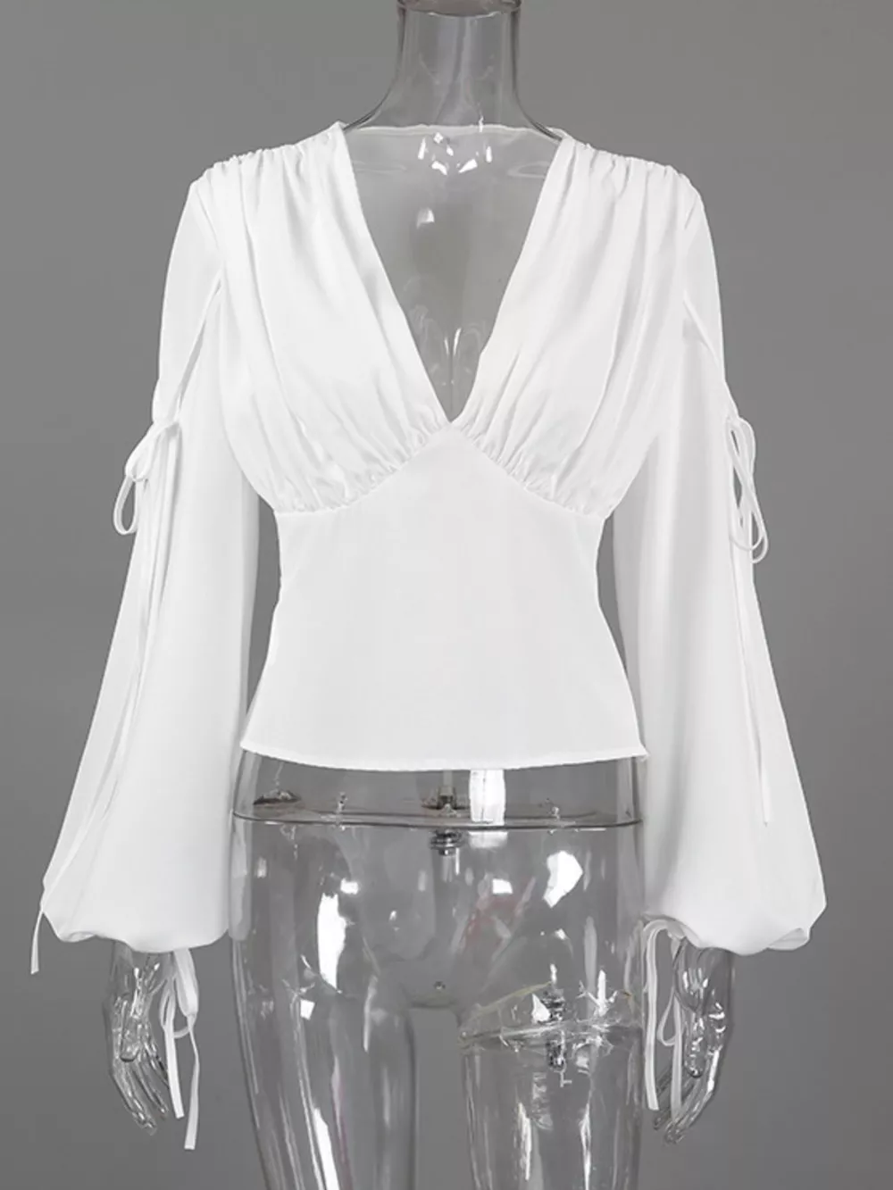 Tied V-Neck Balloon Sleeve Blouse, image 8