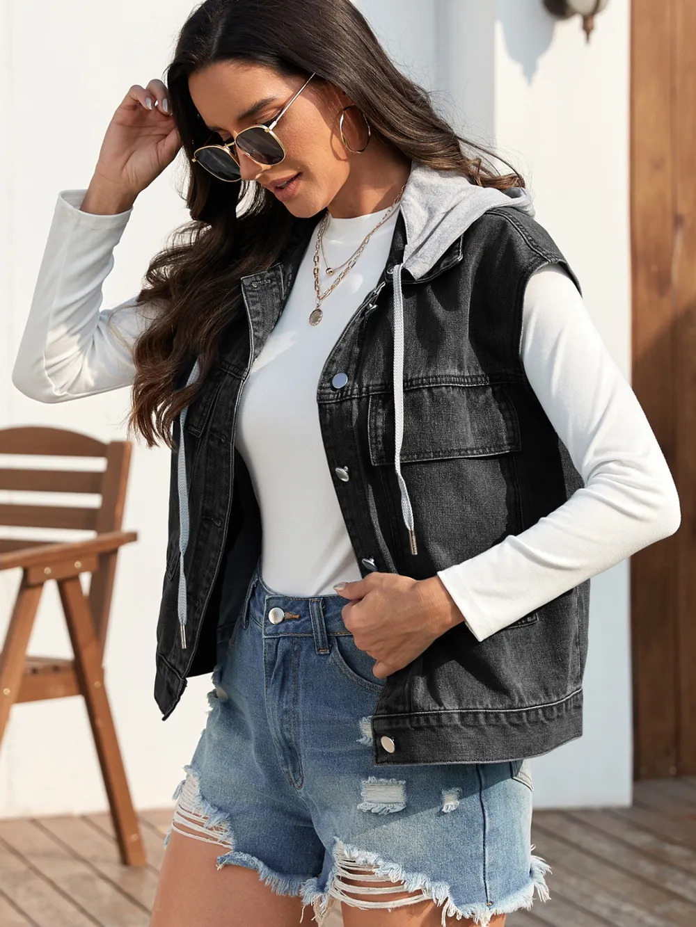 Drawstring Button Up Sleeveless Denim Jacket, image 2