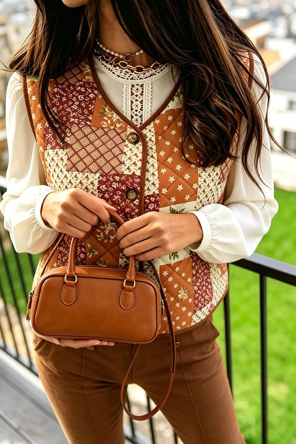 Fleece Quilted Floral Patchwork Contrast Trim V Neck Button Vest, image 2