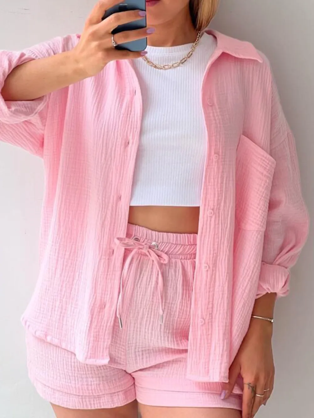 Texture Button Up Shirt and Drawstring Shorts Set, image 3