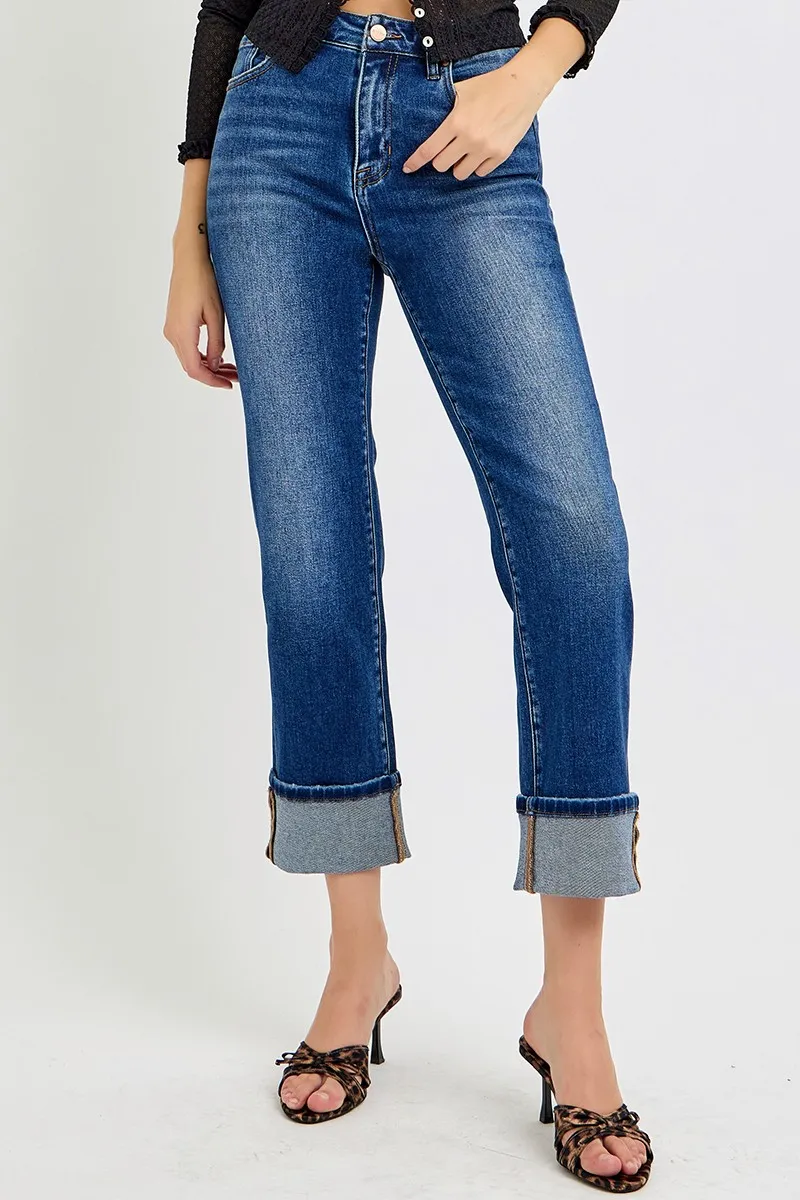 Full Size High Rise Ankle Straight Cuffed Jeans Plus Size, image 2