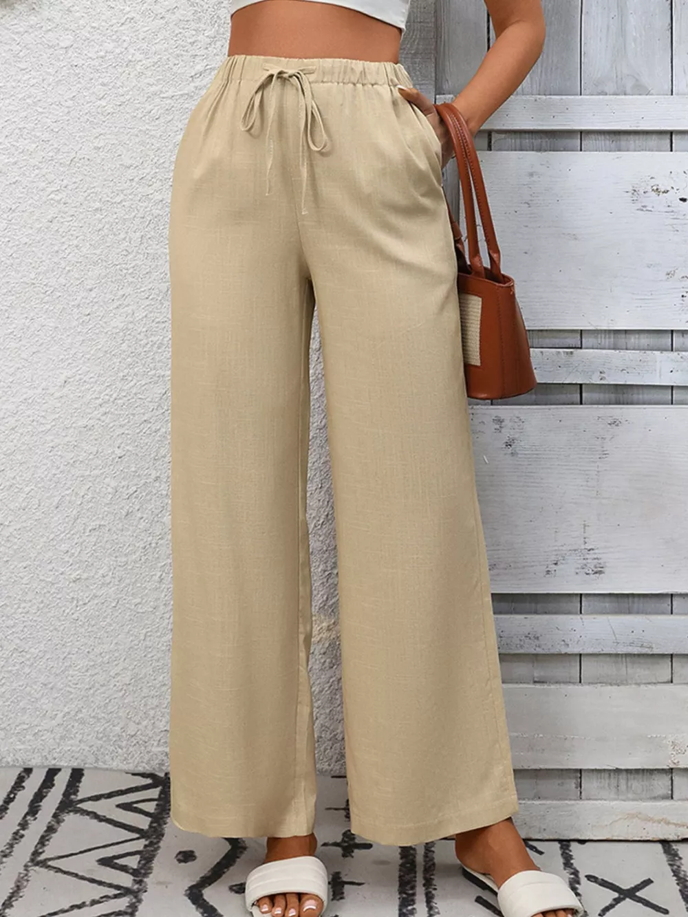 Drawstring High Waist Wide Leg Pants, image 2