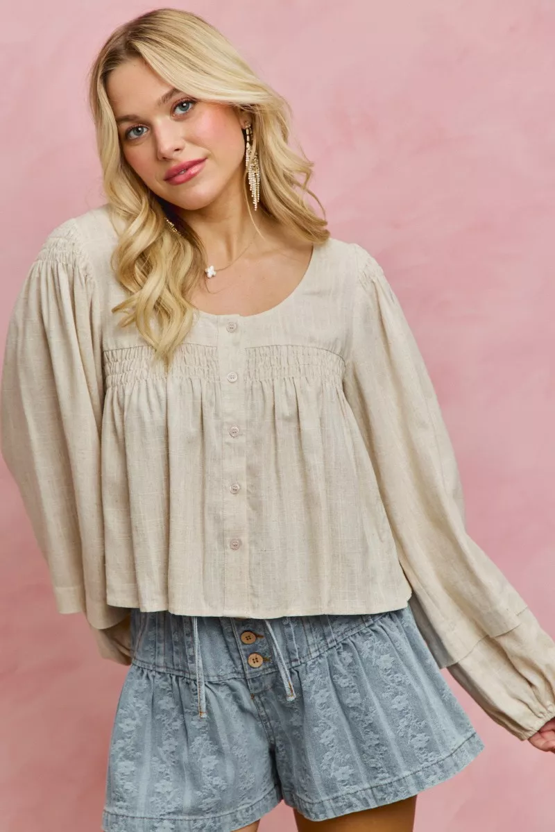 Linen Blend Woven Long Sleeve With Smocking Top, image 3