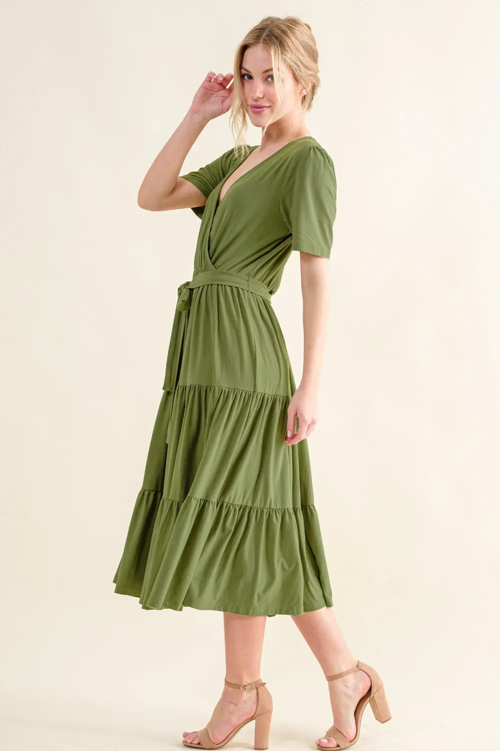 Soft Short Sleeve Tiered Midi Dress, image 3