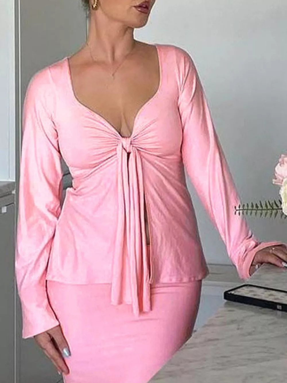 Tie-Front Long Sleeve T-Shirt, image 2