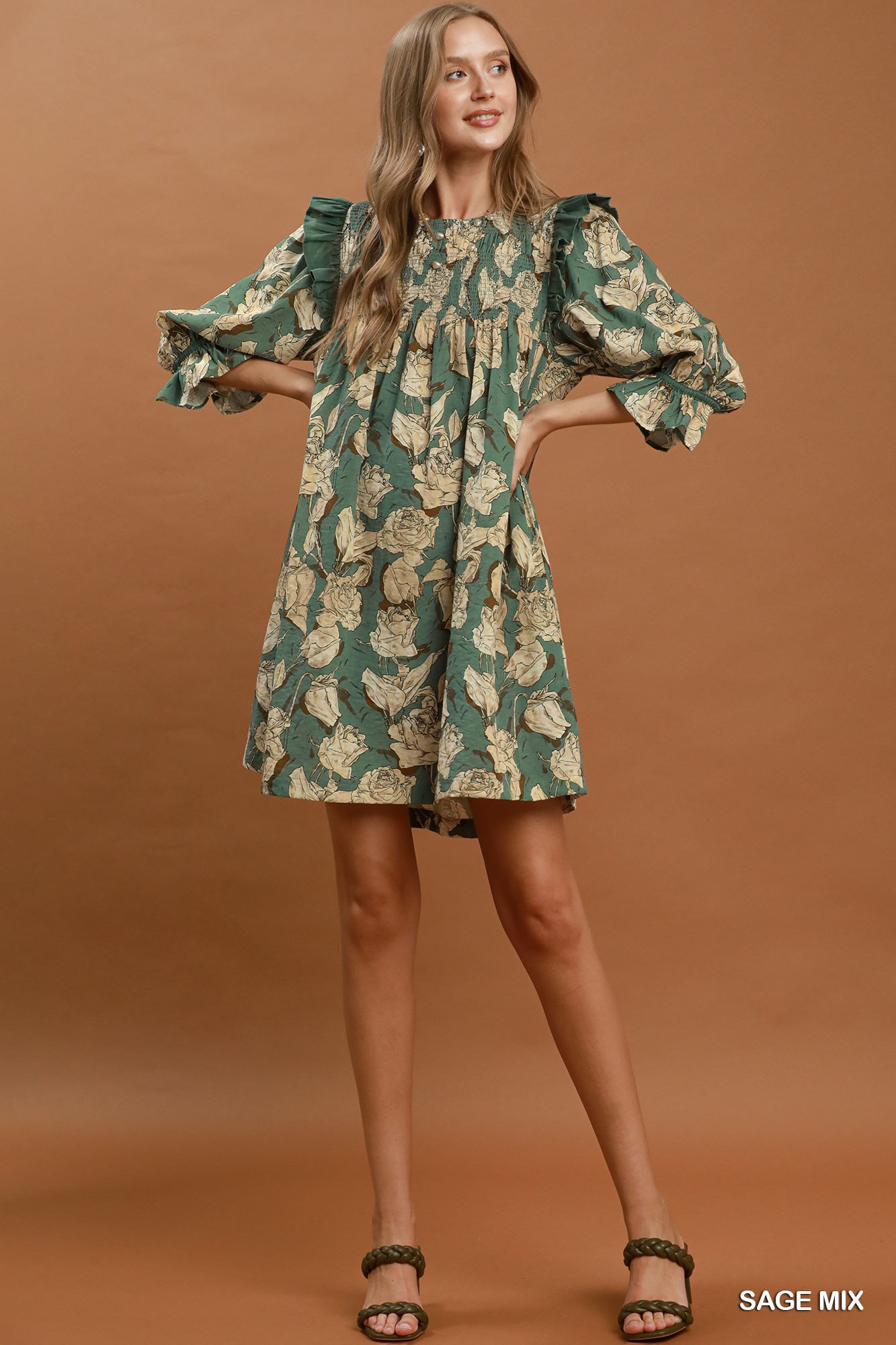 Mix Floral Print Smocked Ruffle Detail Flowy Dress, image 4