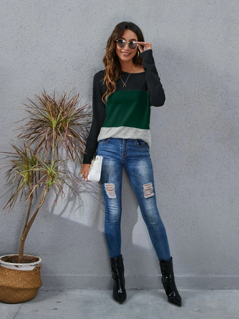 Color Block Round Neck Long Sleeve T-Shirt, image 13