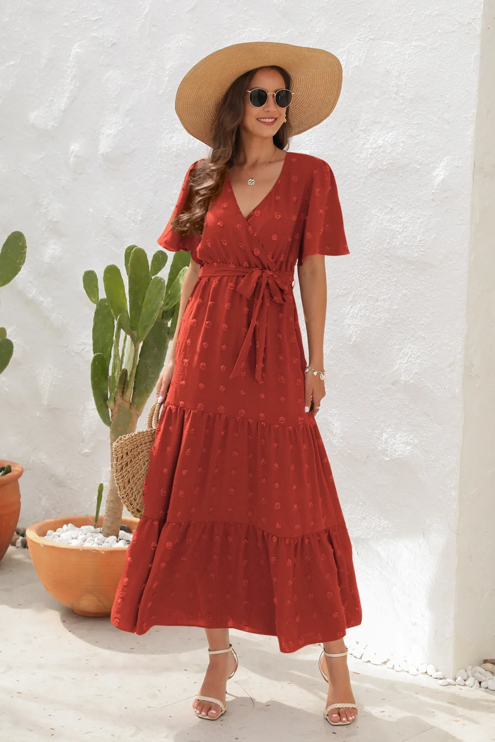 Swiss Dot Tied Surplice Short Sleeve Dress, image 11