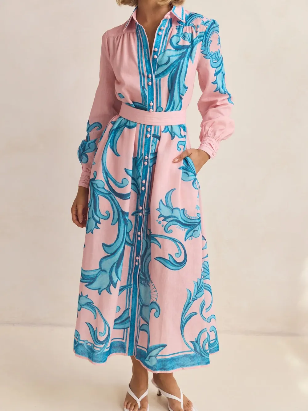 Printed Button Down Belted Shirt Dress, image 2