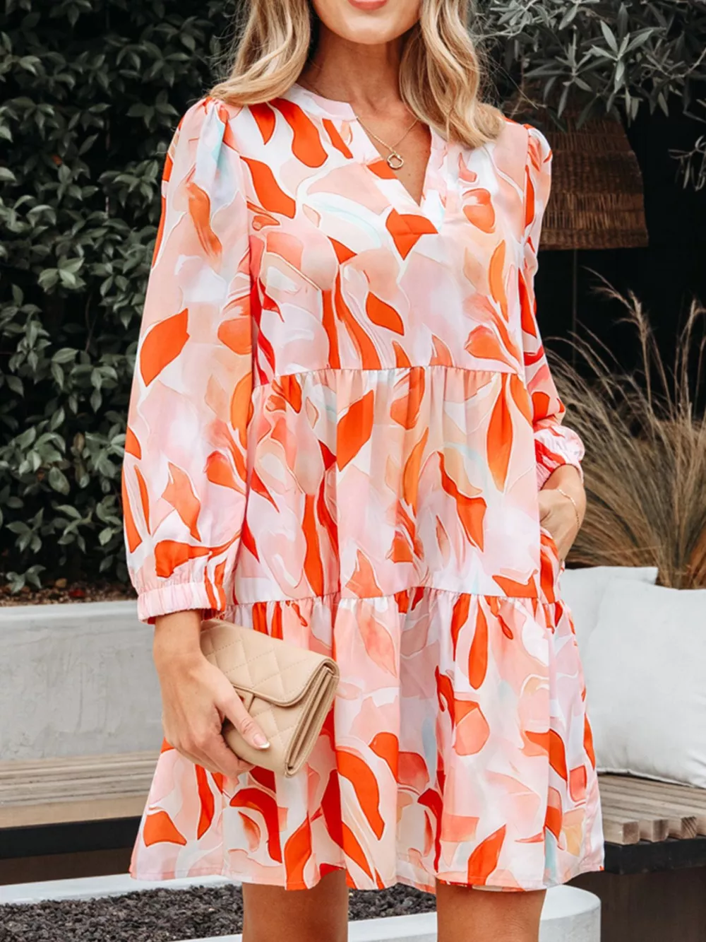 Abstract Print Long Sleeve Tiered Mini Dress, image 2