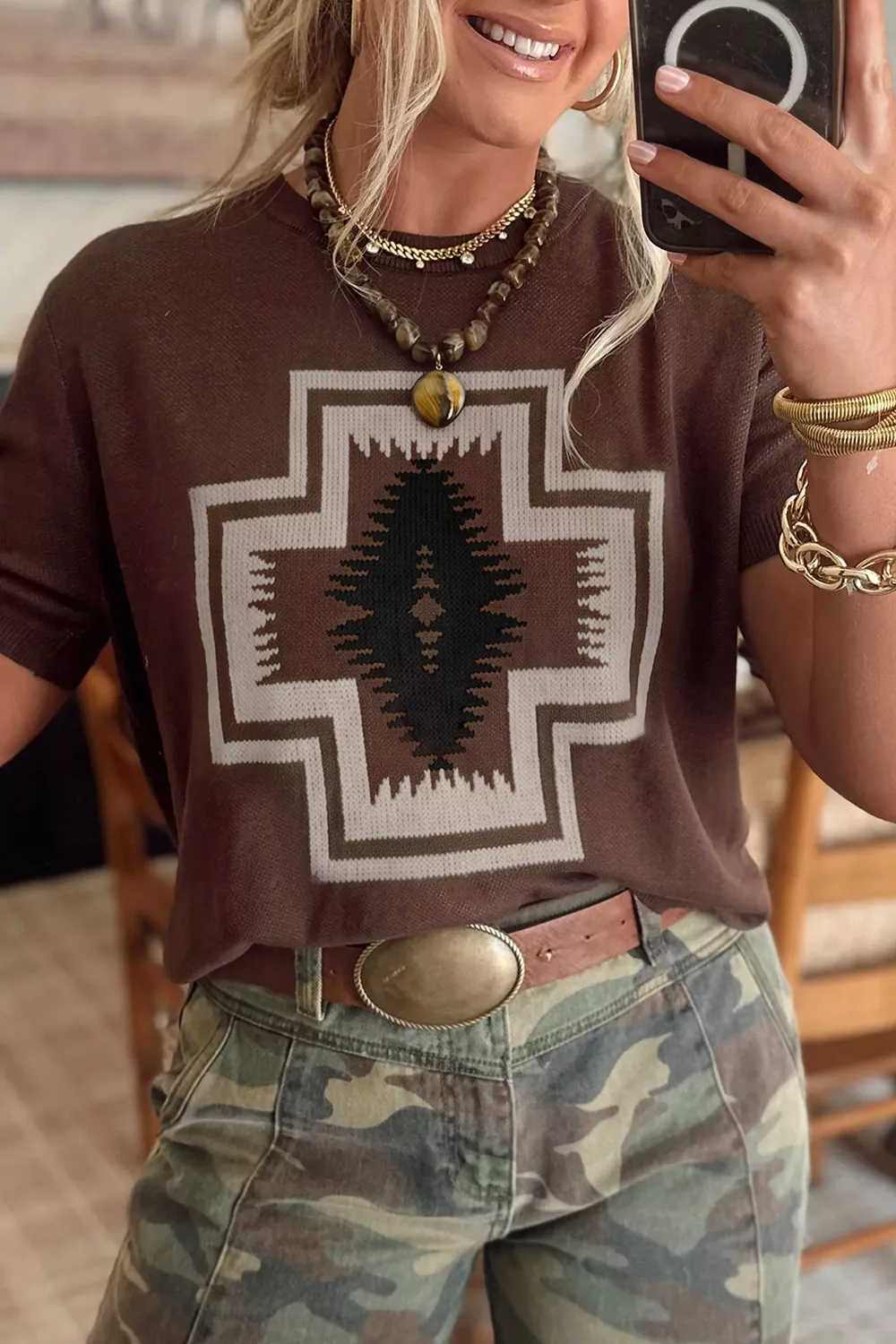 Western Graphic Short Sleeve Knit Casual Sweater, image 2