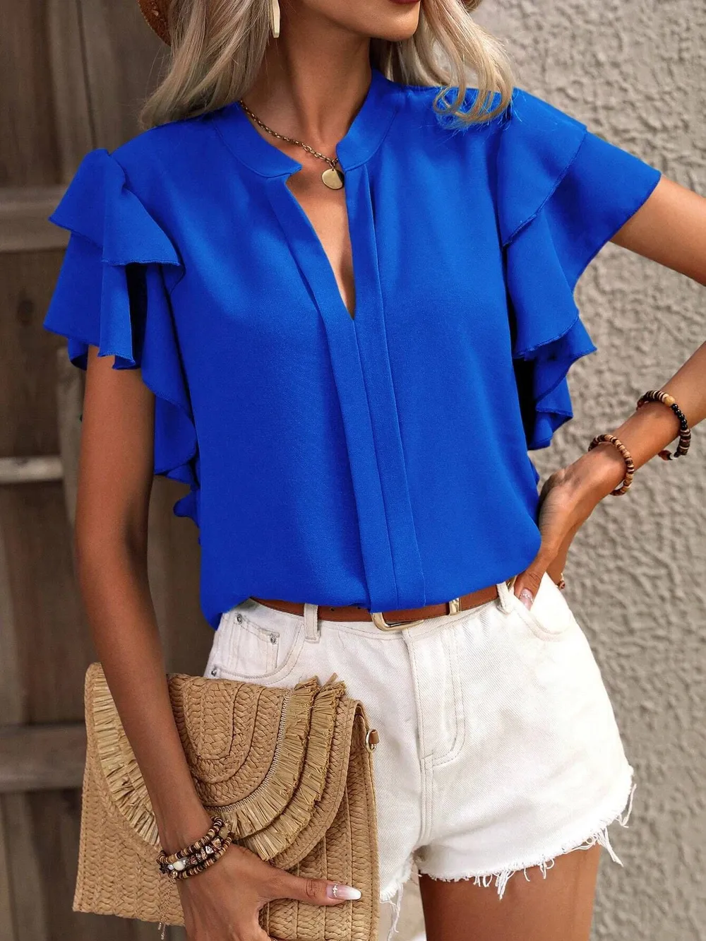 Ruffle Sleeve Notched Blouse, image 2