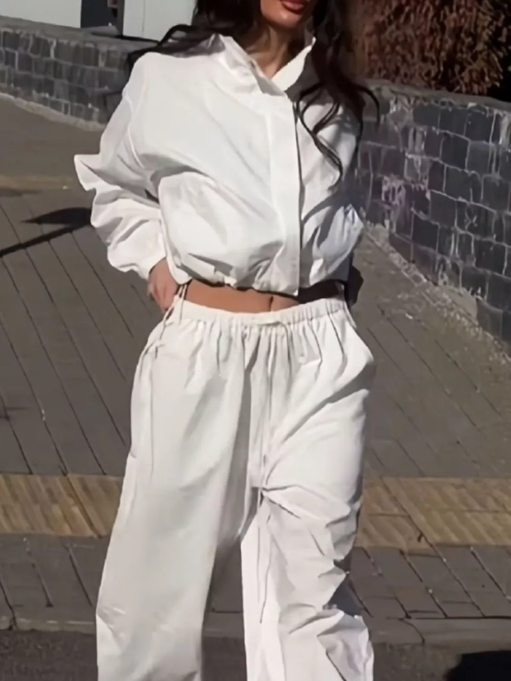 Drawstring Hem Crop Jacket and Wide-Leg Pant Set, image 20