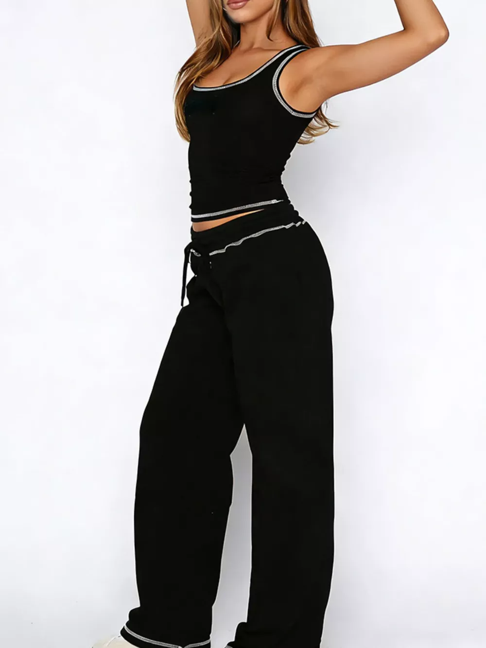 Scoop Neck Tank Top and Drawstring Pants Set, image 2