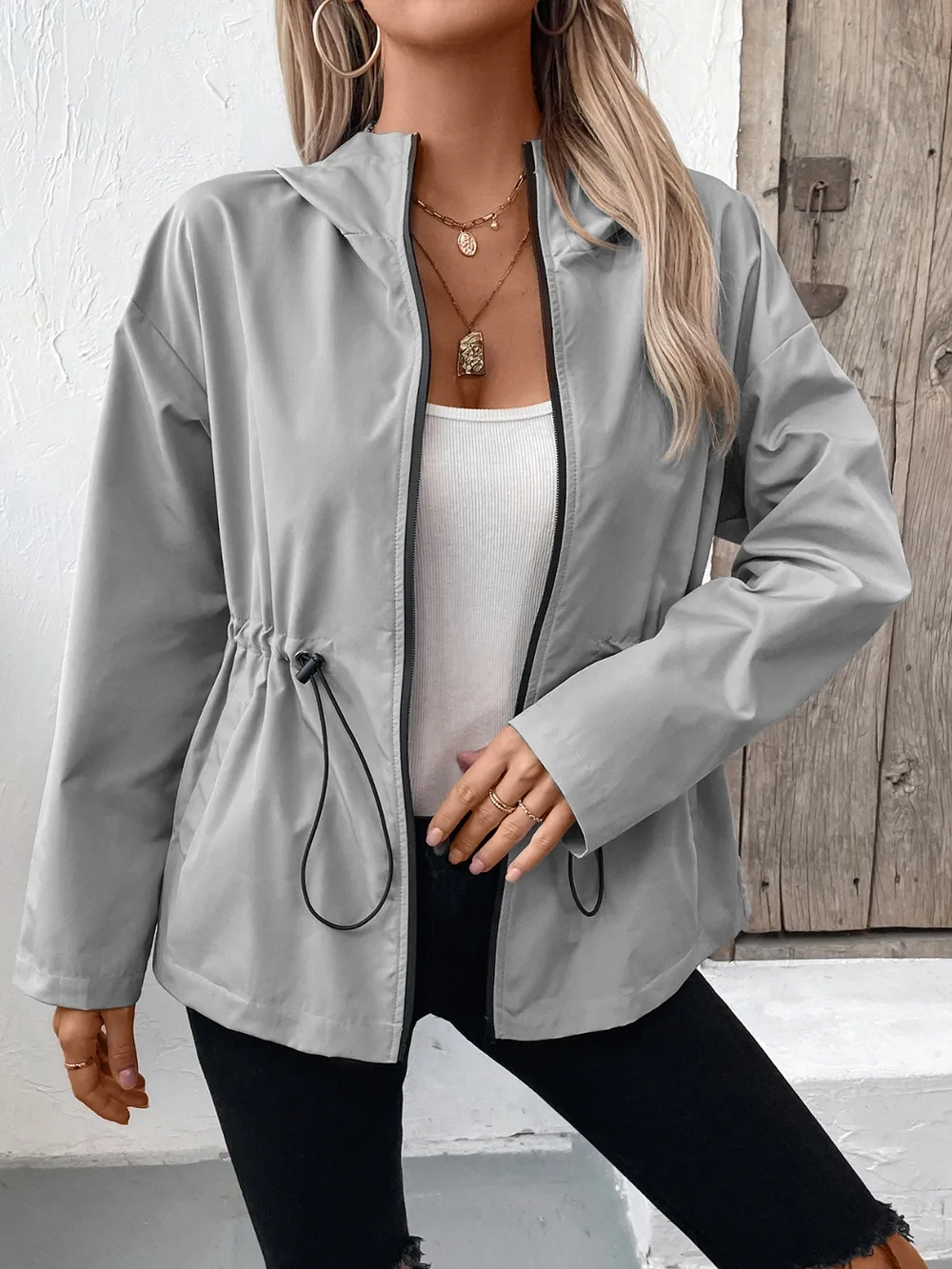 Drawstring Zip Up Hooded Jacket, image 2