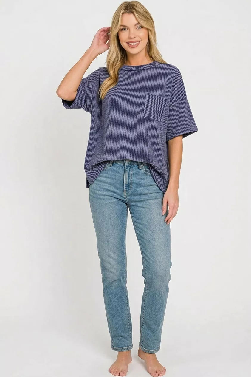 Raised Rib Short Sleeve Front Pocket Top, image 3