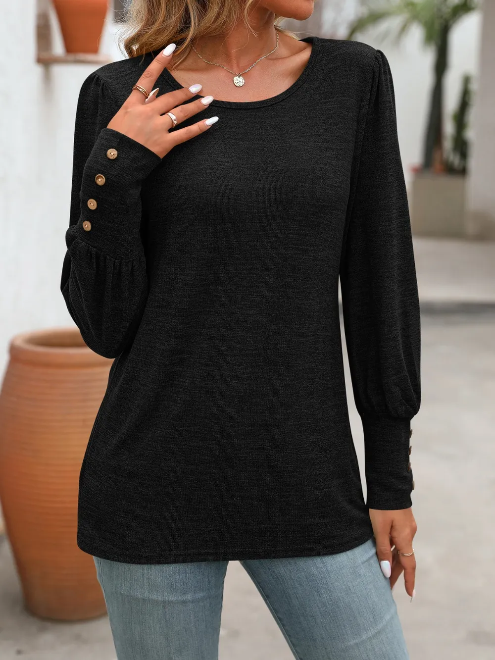 Decorative Button Round Neck Long Sleeve T-Shirt, image 14