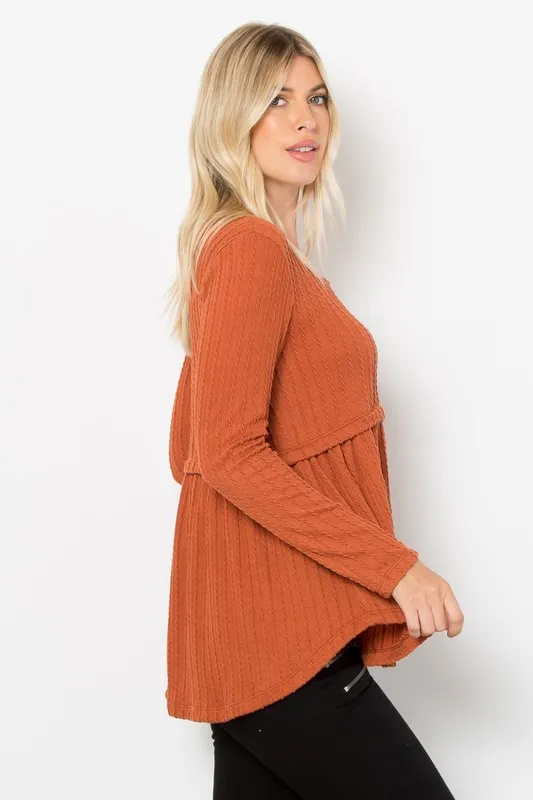 Full Size Texture Babydoll Round Neck Long Sleeve Knit Top, image 3