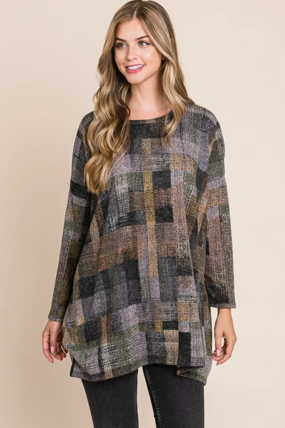 Plaid Round Neck Long Sleeve Top, image 4