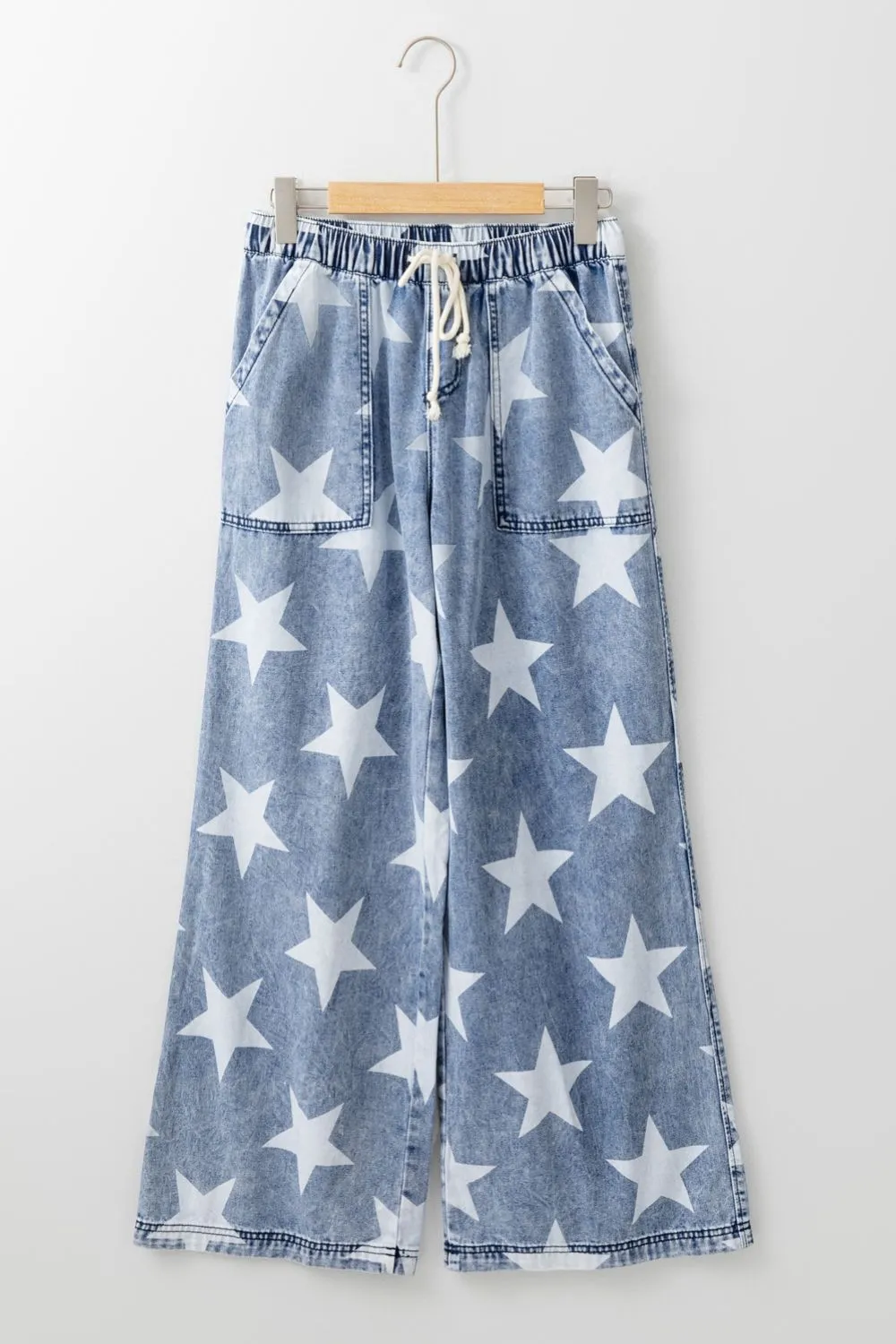 Star Print Washed Drawstring High Waist Wide Leg Jeans, image 2