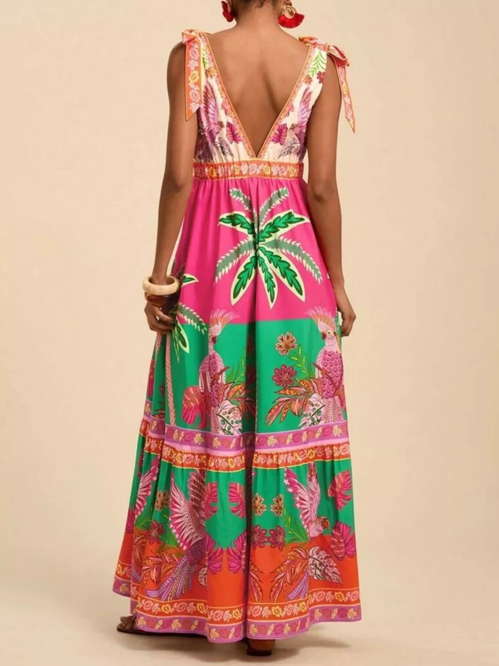 Tropical Print Tie-Shoulder Maxi Dress, image 3