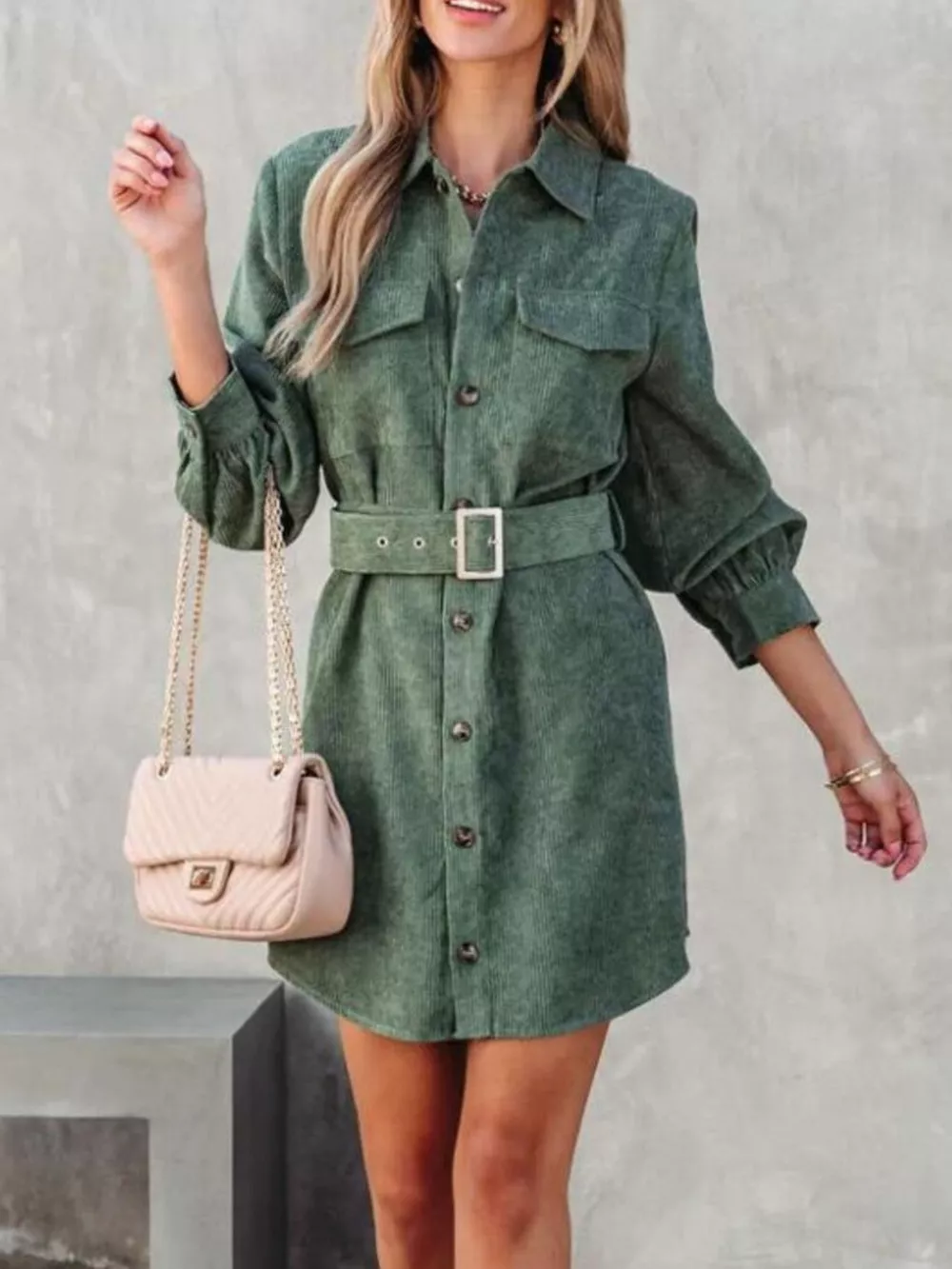 Button Front Belt Long Sleeve Corduroy Dress, image 13
