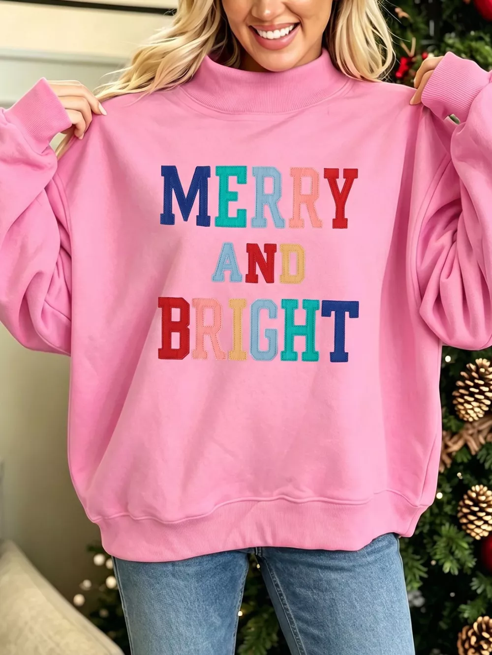 MERRY AND BRIGHT Stitched Letter Pattern Mock Neck Sweatshirt, image 6
