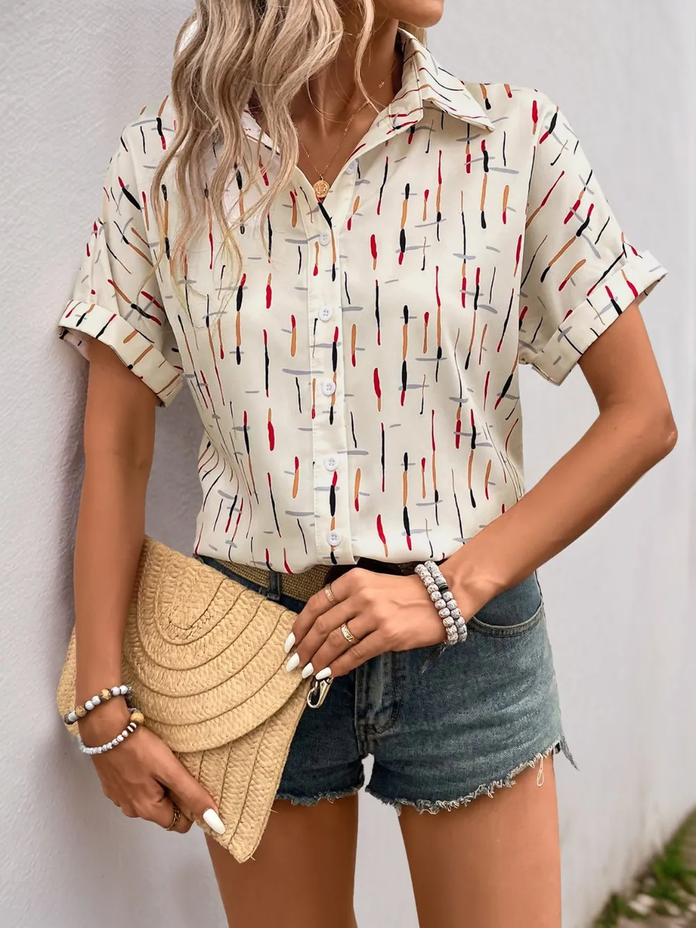 Printed Collared Neck Short Sleeve Shirt, image 2