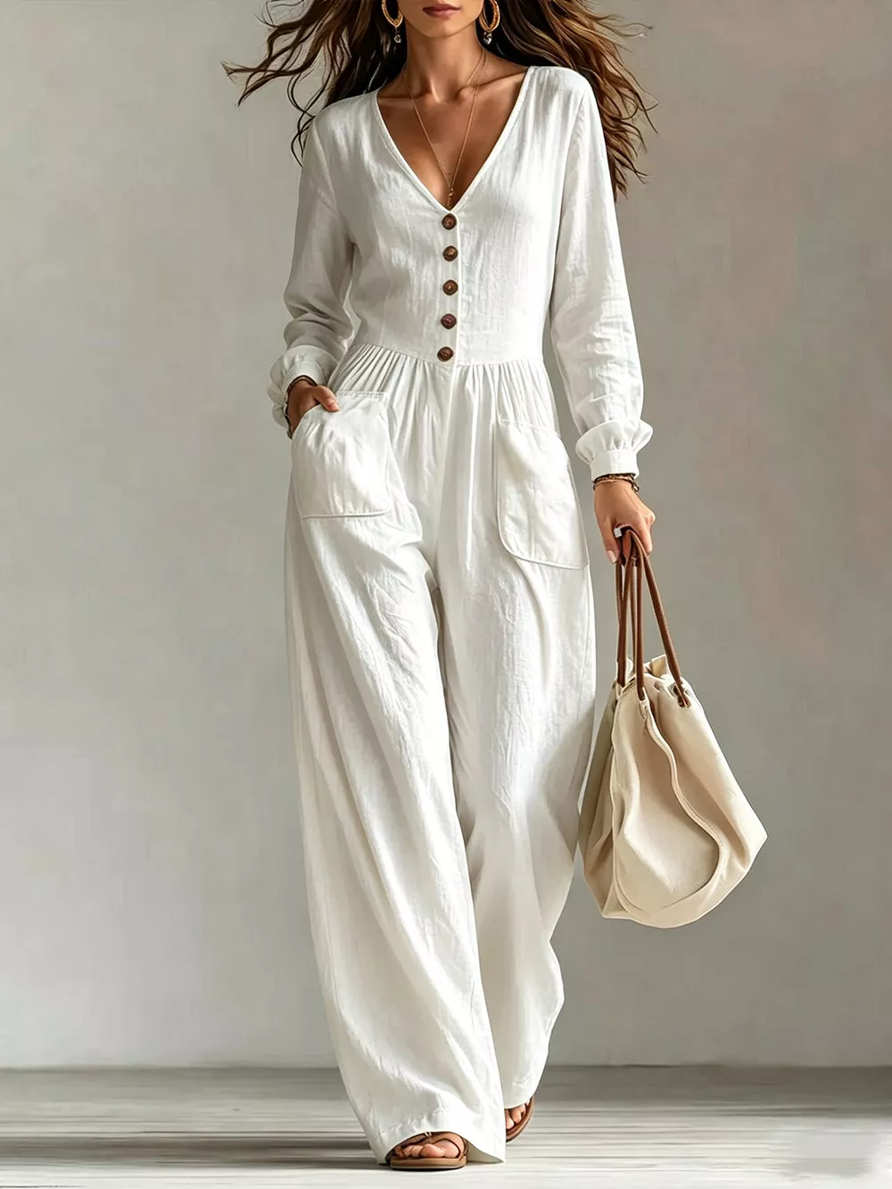 V-Neck Long Sleeve Button-Down Wide Leg Jumpsuit, image 2