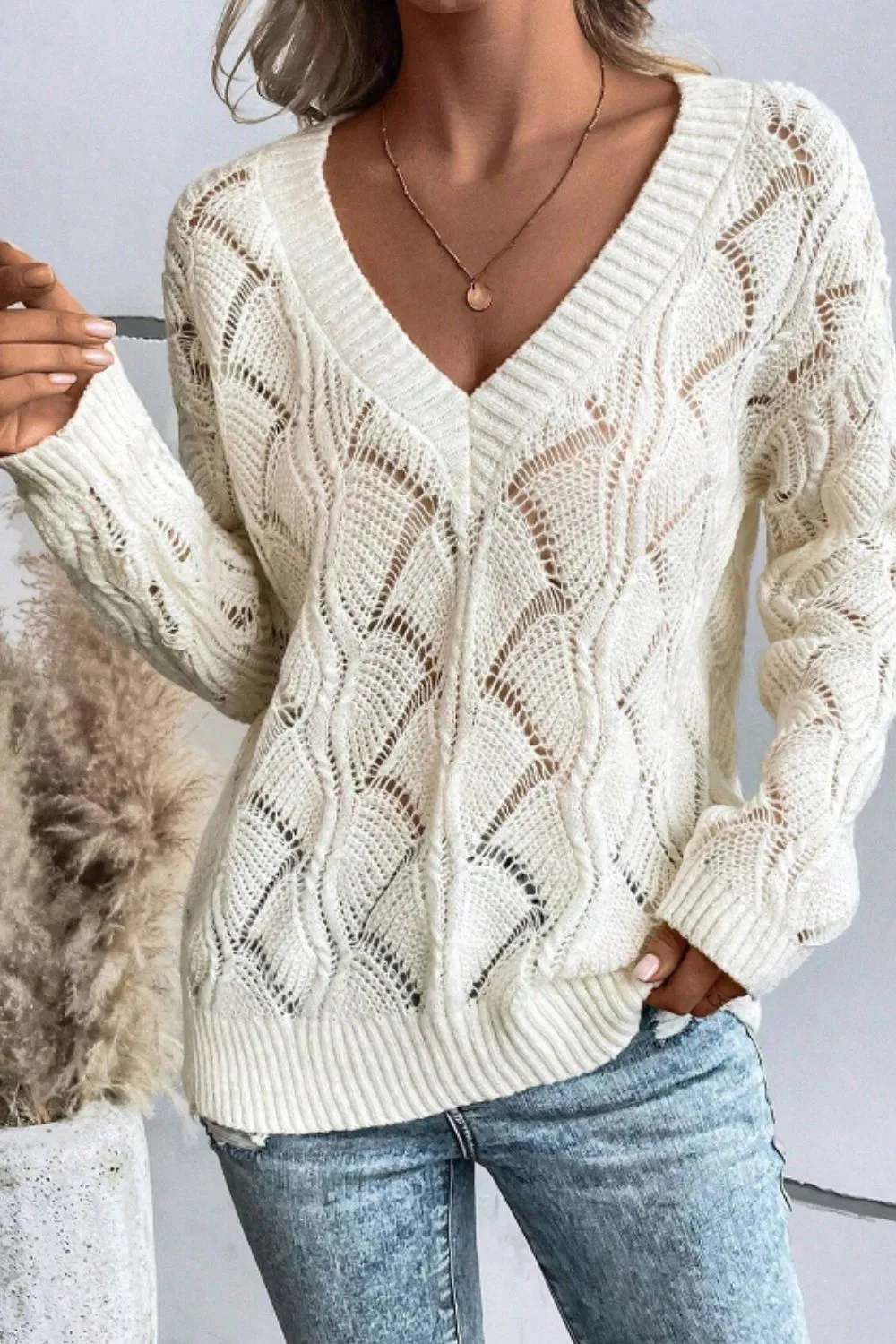 Openwork V-Neck Long Sleeve Sweater, image 4